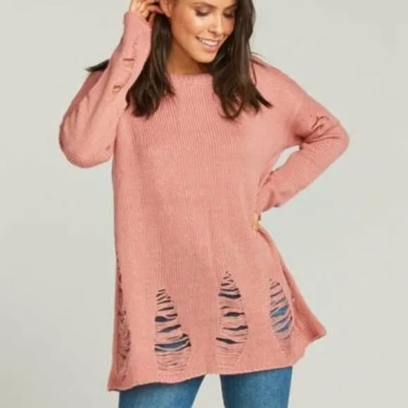 Show Me Your Mumu Tamaya Tunic Distressed Sweater Size Small Pink Long Sleeve - Picture 1 of 9